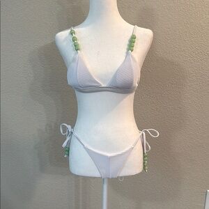NWOT White Bikini with Green Beaded Straps